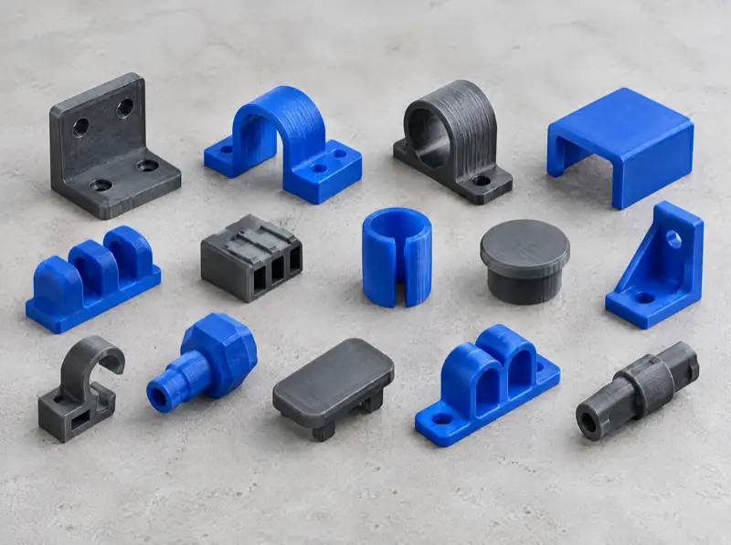 3D-gedruckte Ersatzteile: Halterungen, Clips, Abdeckungen und Verbinder in Blau und Anthrazit